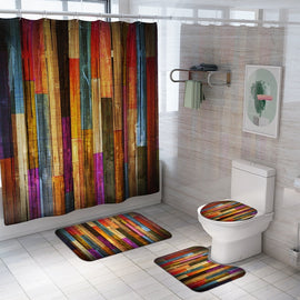 Colorful Wood Prints Waterproof Shower Curtain Non-Slip Rug Set Pedestal Rug Lid Toilet Cover Bath Mat Bathroom Decor