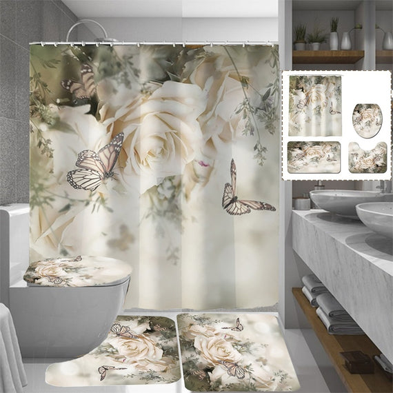 Rose Butterfly Parttern Waterproof Shower Curtain Bathroom Non-slip Mats Bath Carpets Toilet Seat Cover Floor Mat Bathroom Decor