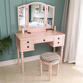 Vanity Table Set Tri-Folding Makeup Mirror Dressing Desk with 5 Drawers