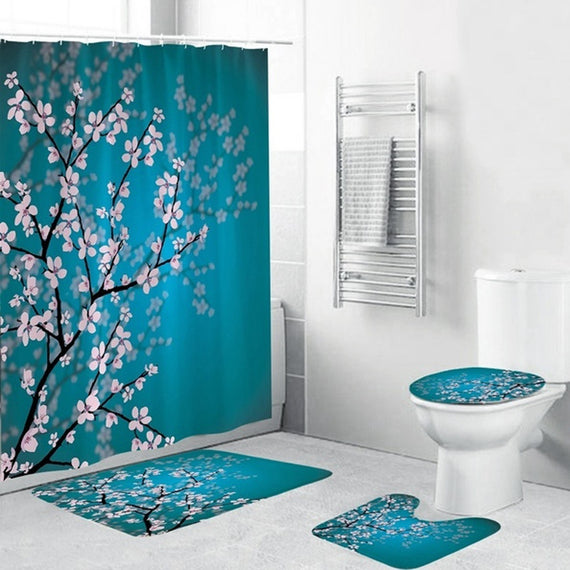 Plum Blossom Print Pattern Bathroom Four-piece Suit,Shower Curtain Bathroom Pedestal Rug Lid Toilet Cover Bath Mat Set