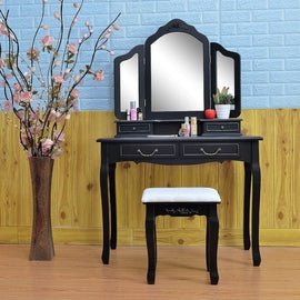NEW Tri Folding Mirror Black Wood Bathroom Vanity Set Makeup Table Dresser 4 Drawers + Stool