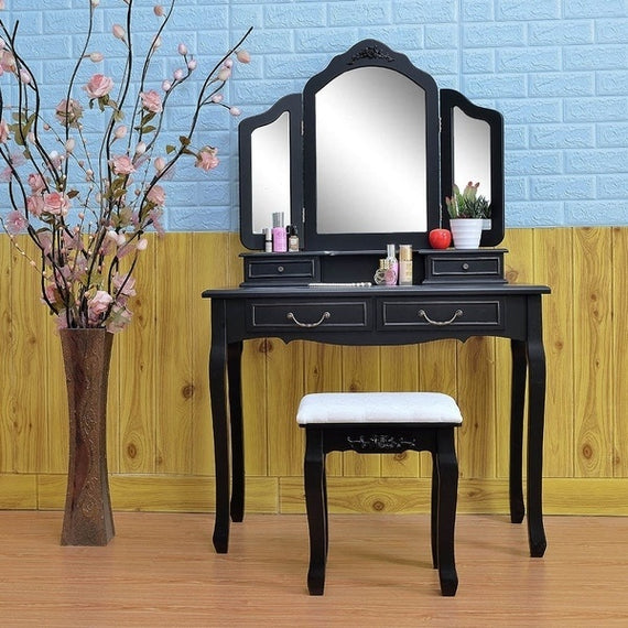 NEW Tri Folding Mirror Black Wood Bathroom Vanity Set Makeup Table Dresser 4 Drawers + Stool