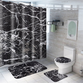 4 Pcs Marble Pattern Home Bathroom Bath Mat Set Rugs Toilet Lid Cover Shower Curtain Waterproof