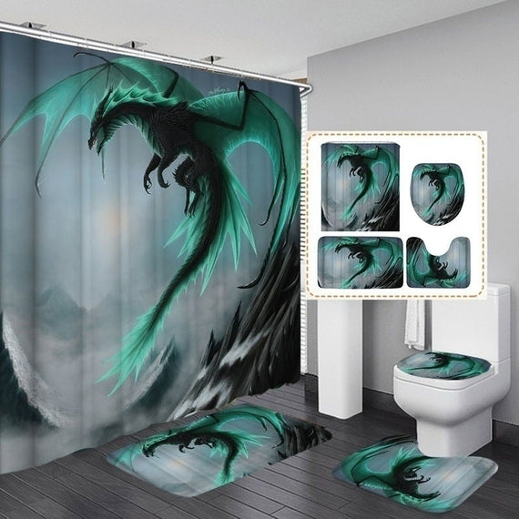 1pc/3pcs/4PCS Flying Dragon Waterproof Bathroom Shower Curtain with 12 Hooks Toilet Cover Bath Mat Non-Slip Rug Set