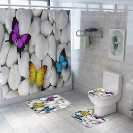 4/3/1PCS Bathroom Toilet Four-piece Floor Mat Door Mat Bathroom Carpet Flannel Coloured Butterfly And Stone PVC Mesh