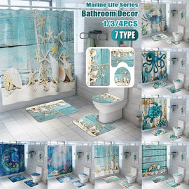 1/3/4 Pcs Bathroom Decor Set Ocean Dolphin Starfish Print Waterproof Bathroom Shower Curtain Toilet Cover Mat Non-slip Mat Set Bathroom Decoration