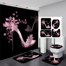 Beautiful pink high heels Mildew Resistant Antimicrobial Shower Curtain HD Print 4 Pcs Set - 1 Shower Curtain,Anti-Skid Absorbent Toilet Seat Cover Bath Mat Lid Cover,3pcs/Set Rugs