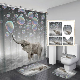 3D Printing Bubbles Elephant Waterproof Bathroom Shower Curtain Toilet Cover Mat Non-Slip Floor Mat Rug (1/3/4Pcs) Set