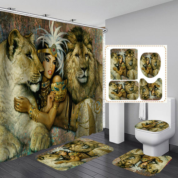 African Queen Women Lion Waterproof Shower Curtain Anti-skid Bath Rugs Carpet Toilet Lid Cover Bath Mat Bathroom Decor