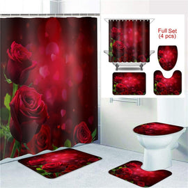 Red Rose Flowers with Leaves Leaves  Shower Curtain Sets with Non-Slip Rugs, Toilet Lid Cover and Bath Mat, Waterproof Polyester Fabric Shower Curtains with 12 Hooks