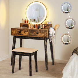 Vanity Set with Lighted Mirror 3-Color Touch Screen Dimmable Mirror Makeup Dressing Table Desk with 4 Drawers Cushioned Stool for Bedroom Bathroom(Rustic) IK2009