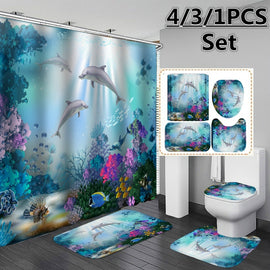 4/3/1 Pcs Sea Style Dolphin Waterproof Shower Curtain Set Toilet Cover Mat Bathroom Non-Slip Mat Pedestal Rug Kit