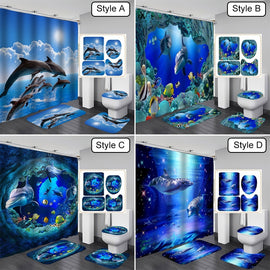 Sunlight Ocean Sea Animal Dolphin Fish Waterproof Shower Curtain Bathroom Curtains Sets Non Slip Toilet Lid Cover Bath Mat Set Bathroom Rug Carpet