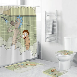 Cartoon Animation Rick and Morty Naked Bathroom Sets Waterproof Shower Curtain Set with Non-Slip Rug Toilet Lid Cover Bath Mat and 12 Hooks Polyester Shower Curtain Set Bathroom Decor