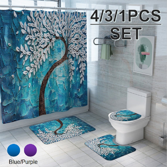 4/3/1 Pcs Carving Style Flower Tree Waterproof Shower Curtain Set Toilet Cover Mat Bathroom Non-Slip Mat Pedestal Rug Kit