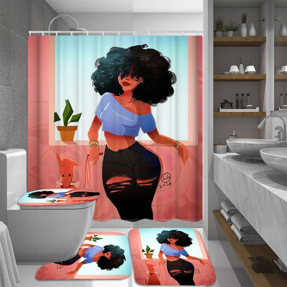 African Afro American Woman Lady Shower Curtain Set with Non-slip Rug Toilet Lid Cover Bath Mat Bathroom Decor