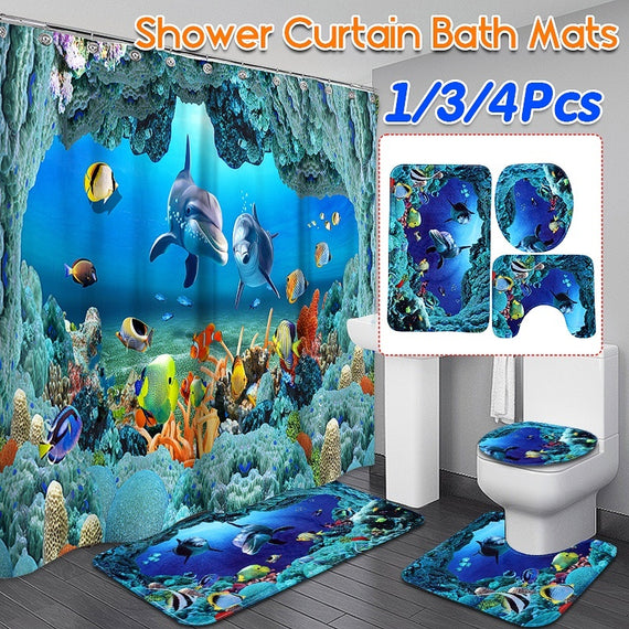 Ocean Dolphin Deep Sea Waterproof Shower Curtain Bathroom Toilet Seat Cover Mat Home Room Carpets Rugs Bath Mat