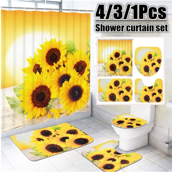 4/3/1Pcs Sunflowers Shower Curtain Sets with Non-Slip Rugs, Toilet Lid Cover and Bath Mat, Flower in The Sunset Shower Curtains with 12 Hooks, Durable Waterproof Bath Curtain