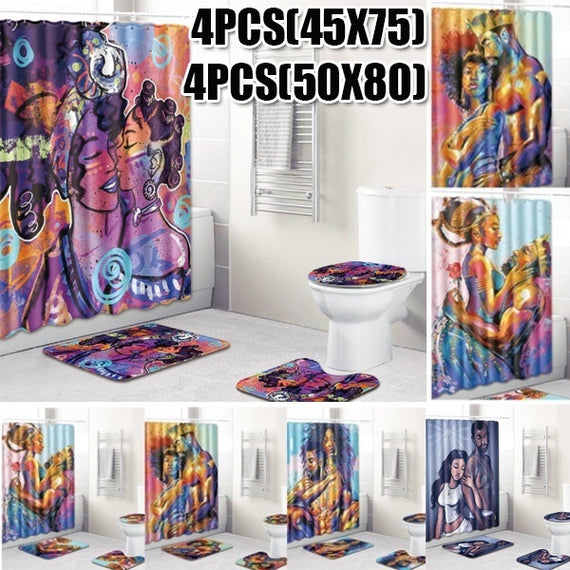 New Fashion African American Men and Women Bathroom Anti-slip Mat Toilet Mat Shower Curtain Set Shower Curtain