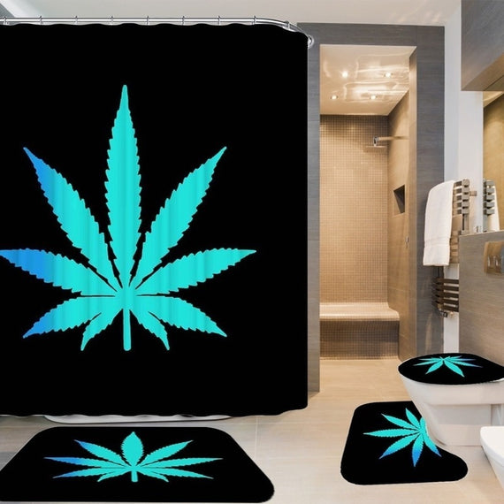 1/2/3/4pcs Color Blue Leaf Pattern Bathroom Shower Curtain Set Bathroom Decoration Waterproof Bathroom Non-slip Bath Rugs Toilet Seat Cover Pedestal Rugs