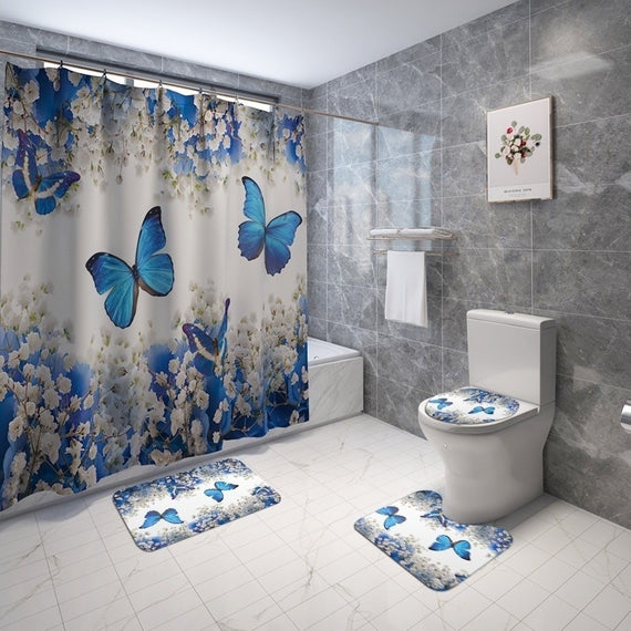 Blue Butterfly Flowers Pattern Bathroom Decoration Waterproof Bathroom Shower Curtain Set Bathroom Mats Rugs Carpets Toilet Lid Cover Set