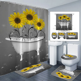 Bathroom Set Blue Rose Waterproof Shower Curtain+ Non Slip Bathroom Pedestal Rug + Toilet Lid Cover + Floor Mat Bath Mat