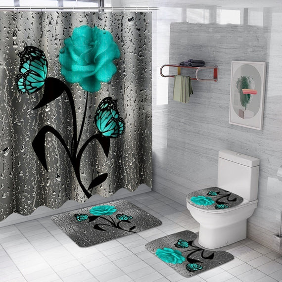 Bathroom Green Butterfly and Rose Decoration Waterproof Shower Curtain 3-piece Toilet Mats Set