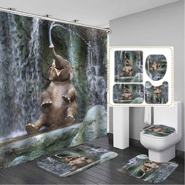 Elephant Shower Curtains 3D Print Fabric Bathroom Curtains Bath Mat Set Floor Mat Toilet Rug Home Decoration