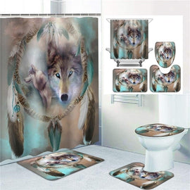 Bathroom Decoration Cool Wolf Dream Catcher Polyester Waterproof Fabric Shower Curtain Sets,Toilet Lid Cover and Bath Mat, Shower Curtains with 12 Hooks