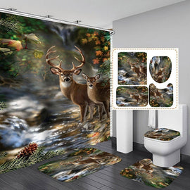 4/3/1pcs Forest Creek Deer Shower Curtain Set Bath Mat Toilet Cover Rug Bathroom Decor Set