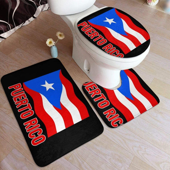 WYFCQPYJ Puerto Rico Flag Puerto Rican Comfort Flannel Bathroom Rug Mats Set 3 PCS Soft Non-Slip with Backing Pad Bath Mat + Contour Rug + Toilet Lid Cover Absorbent 31.5in 19.5in