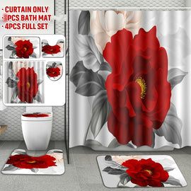 (1/3/4pcs)Red Flower Waterproof Shower Curtain Anti-slip Bath Mat Carpet Rug Toilet Cover Mat For Home Bathroom Decor