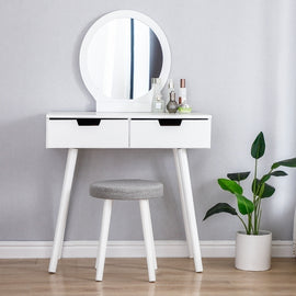 2020New Modern Stylish Elegant Luxury White Round Mirror Vanity Makeup Table Set Dressing Jewelry Desk with 2 Drawer Furniture Cosmetics Holder Display Solid Durable FR