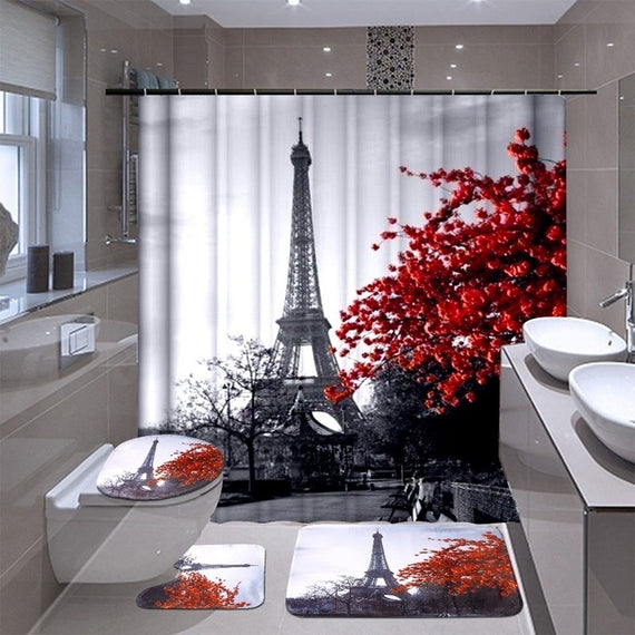 Shower Curtain & Toilet Cover Set Eiffel Tower Red Tree Paris Style Waterproof Toilet Lid Covers Non-Slip Pedestal Rug Set & Floor Mat Bath Mat