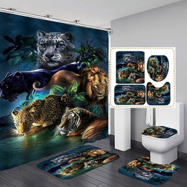 Fashion_Man 4PCS/Set Leopard Lion Tiger Shower Curtain Fabric Polyester Waterproof Bath Curtain and Rug Set Bath Mat Set Bathroom Rugs Toilet Lid Cover