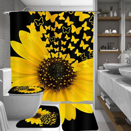 Black background Sunflower Butterfly Print Waterproof Bathroom Shower Curtain Toilet Cover Decor