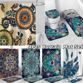 4pcs/set Shower Curtain Set Mandala Waterproof Non-Slip Floor Mat Rugs Set Toilet Cover Mat Bathroom Decor