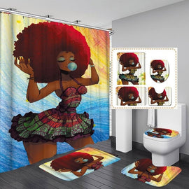1/3/4Pcs African Fashion Girl Waterproof Bathroom Shower Curtain Toilet Cover Mat Non-Slip Rug Set