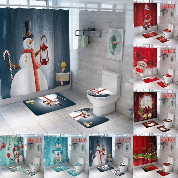 7 Styles Bathroom Shower Curtains Non-Slip Santa Claus Snow Snowman Christmas Style Decor-Pedestal Rug + Lid Toilet Cover + Bath Mat+ Shower Curtain set