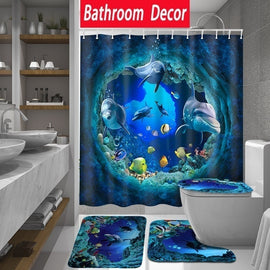 1/3/4 Pcs Bathroom Set Ocean Dolphin Deep Sea Shower Curtain Bathroom Waterproof Pedestal Rug Lid Toilet Cover Bath Mat
