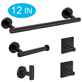 5-Pieces Matte Black Bathroom Hardware Set SUS304 Stainless Steel Round Wall Mounted - Includes 12" Hand Towel Bar, Toilet Paper Holder, 3 Robe Towel Hooks, Bathroom Accessories Kit