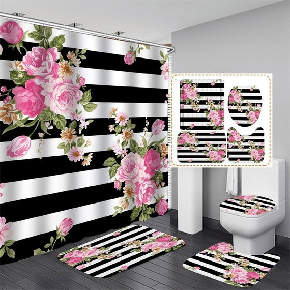 Waterproof Bathroom Shower Curtain Flower Bath Curtain Sets Toilet Cover Non-Slip Bath Mat Rug Carpet Set Home Decor Bathroom Accessories Home Decor Bathroom mask