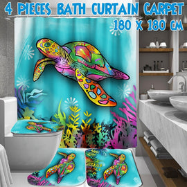1/3/4Pcs Colorful Turtle Printing Bathroom Shower Curtain Toilet Cover Bath Mat