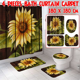 1/3/4Pcs Sunflower Printing Bathroom Shower Curtain Set Toilet Cover Bath Mat