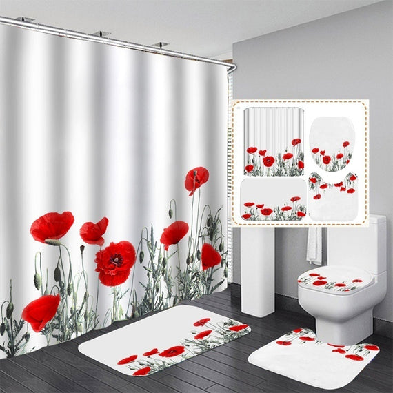 Waterproof Bathroom Shower Curtain Flower Bath Curtain Sets Toilet Cover Non-Slip Bath Mat Rug Carpet Set Home Decor Bathroom Accessories mask