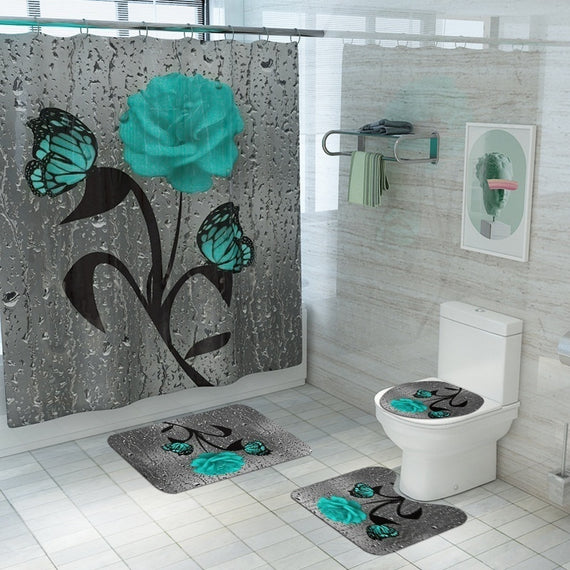 Waterproof Bathroom Shower Curtain Flower Bath Curtain Sets Toilet Cover Non-Slip Bath Mat Rug Carpet Set Home Decor Bathroom Accessories