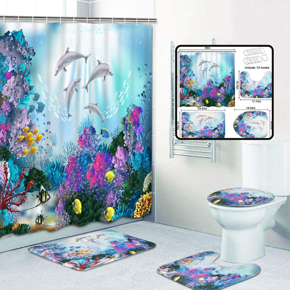 4Pcs Sea World Shower Curtain Set with Non-Slip Rugs, Toilet Lid Cover and Bath Mat, Dolphin Shower Curtain with 12 Hooks, Durable Waterproof Fabric Bath Curtain for Bathroom