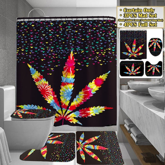 4/3/1Pcs 3D Printing Colorful Maple Leaf Waterproof Shower Curtains Non-Slip Rugs Toilet Lid Cover Bath Mat Bathroom Curtain with 12 Hooks