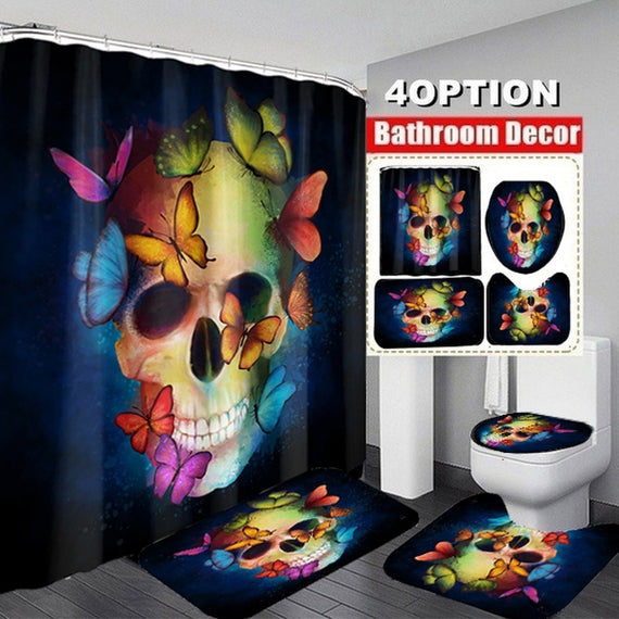 4/3/1Pcs Fashion Butterfly Skull Bathroom Set Waterproof Shower Curtain + Non-slip Bath Mat + Toilet Seat Cover Home Carpets  Bathroom Decor