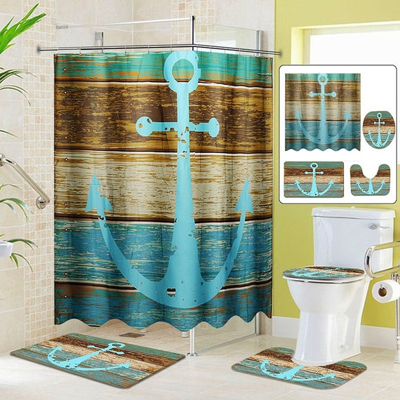 1/3/4PCS Blue Ship Anchor Print Bathroom Decoration Mildew-proof Waterproof Shower Curtain/Non Slip Bathroom Pedestal Rug/Toilet Lid Cover/Floor Mat Bath Mat